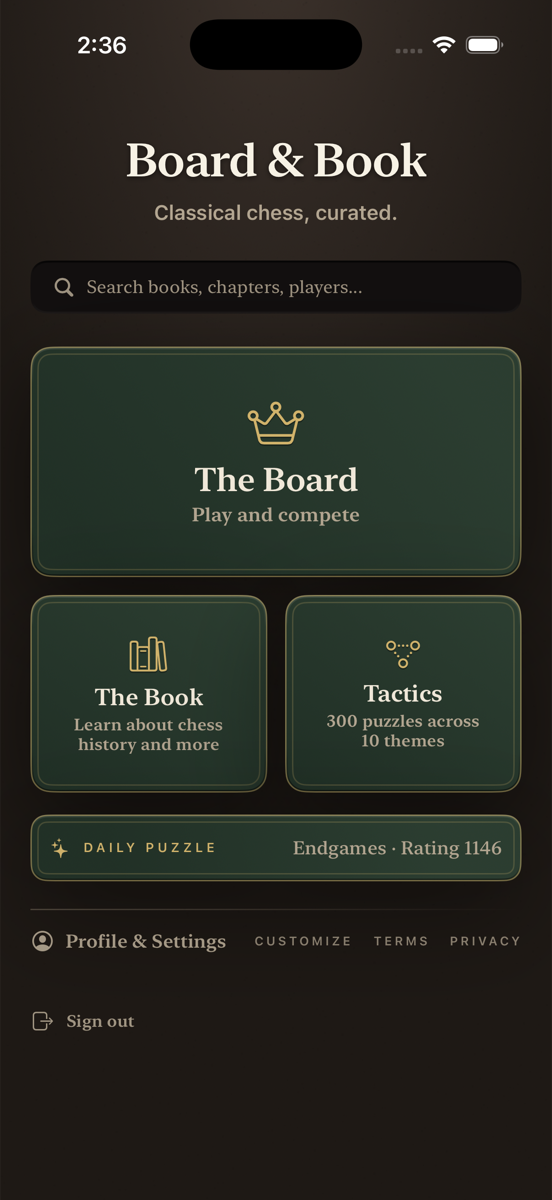 Board & Book home screen showing The Board, The Book, and Tactics