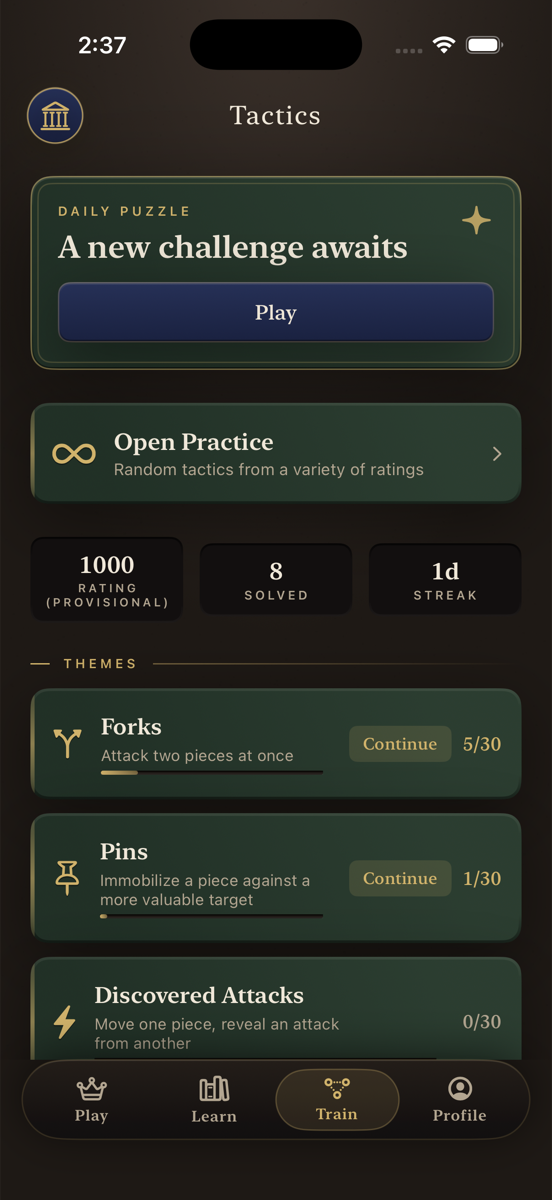 Tactics themes with progress tracking
